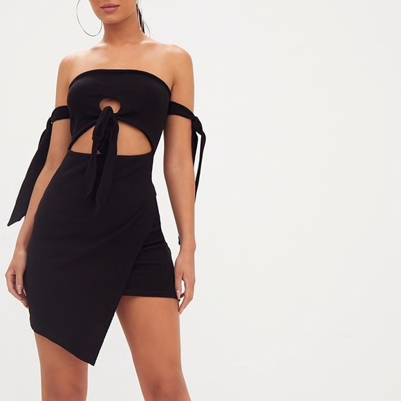 black bandeau wrap bodycon dress